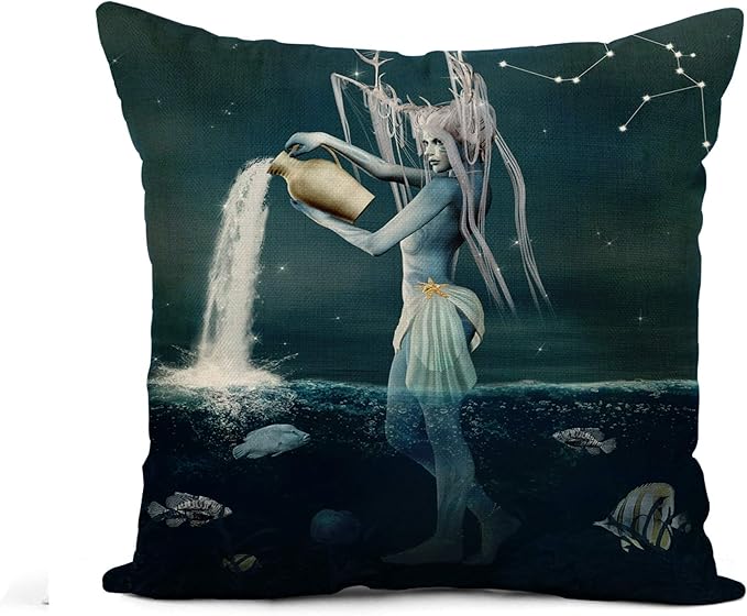Flax Throw Pillow Cover Zodiac Series Aquarius As Fantasy Creature Vase in Seascape 18x18 Inches Pillowcase Home Decor Square Cotton Linen Pillow Case Cushion Cover - Aquarius Pillow for men