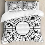 Lunarable Zodiac Duvet Cover Set, Monochromatic Design Horoscope Wheel with Names and Signs Leo Gemini Cancer, Decorative 3 Piece Bedding Set with 2 Pillow Shams, Queen Size, Black White - Gemini Blanket for men