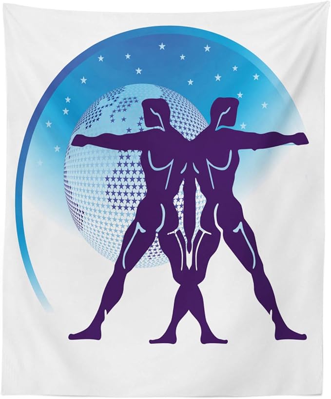 Lunarable Gemini Tapestry, Zodiac Sign Composition with 2 Male and Star Globe, Fabric Wall Hanging Decor for Bedroom Living Room Dorm, 23" X 28", Purple Azure Blue - Gemini Blanket for men