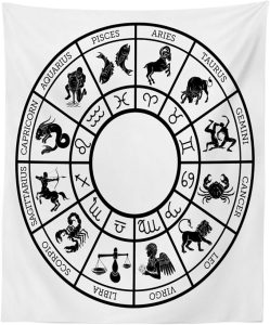 Lunarable Zodiac Tapestry, Monochromatic Design Horoscope Wheel with Names and Signs Leo Gemini Cancer, Fabric Wall Hanging Decor for Bedroom Living Room Dorm, 23" X 28", Black White - Gemini Blanket for men