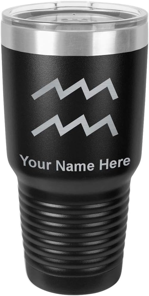 LaserGram 30oz Vacuum Insulated Tumbler Mug, Zodiac Sign Aquarius, Personalized Engraving Included (Black) - Aquarius Mug for men