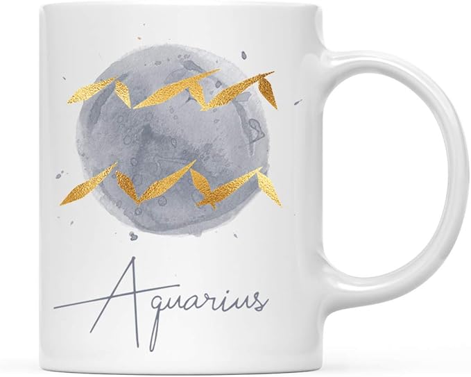 Andaz Press Astrological Zodiac Star Sign 11oz. Coffee Mug Gift, Aquarius Faux Gold Foil Watercolor, 1-Pack, Horoscope Aquarius Birthday Christmas Office Cup Gifts Ideas - Aquarius Mug for men