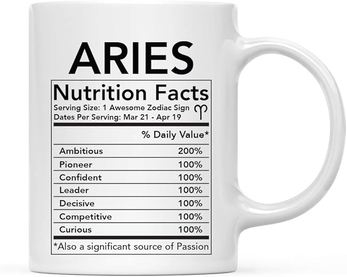 Andaz Press Astrological Zodiac Star Sign 11oz. Coffee Mug Gift, Aries Characteristics Nutritional Facts, 1-Pack, Horoscope Aries Birthday Christmas Office Cup Gifts Ideas - Aries Mug for men