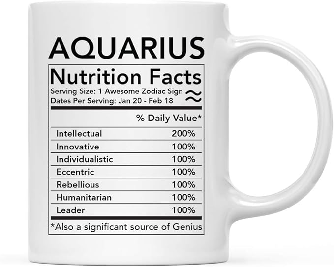 Andaz Press Astrological Zodiac Star Sign 11oz. Coffee Mug Gift, Aquarius Characteristics Nutritional Facts, 1-Pack, Horoscope Aquarius Birthday Christmas Office Cup Gifts Ideas - Aquarius Mug for men