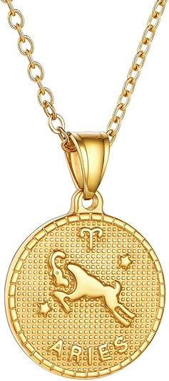 JEWELRY Gold Zodiac Necklace for Women Men, Constellation Coin Horoscope Astrology Pendant Necklaces Lucky Jewelry - Aries Necklace for men