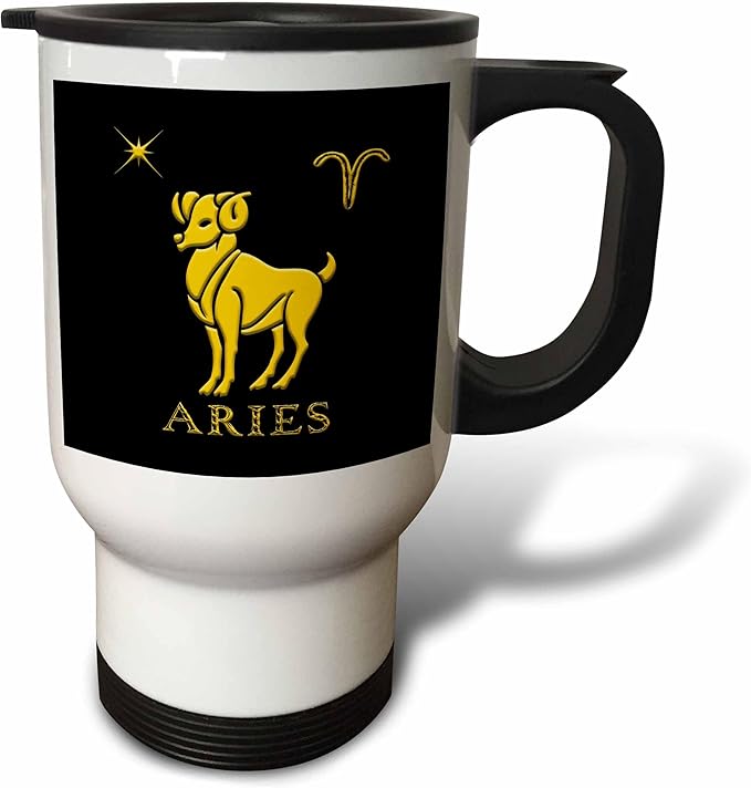 3dRose 14oz Stainless Steel Travel Mug - Aries Zodiac sign. Image of a ram, star and a symbol. Yellow on black Alexis Design - Zodiac - Aries Mug for men