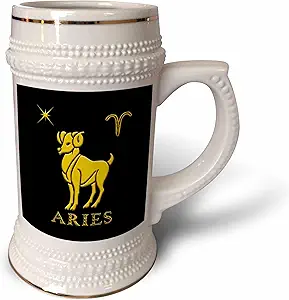 3dRose 22oz Stein Mug - Aries Zodiac sign. Image of a ram, star and a symbol. Yellow on black Alexis Design - Zodiac - Aries Mug for men
