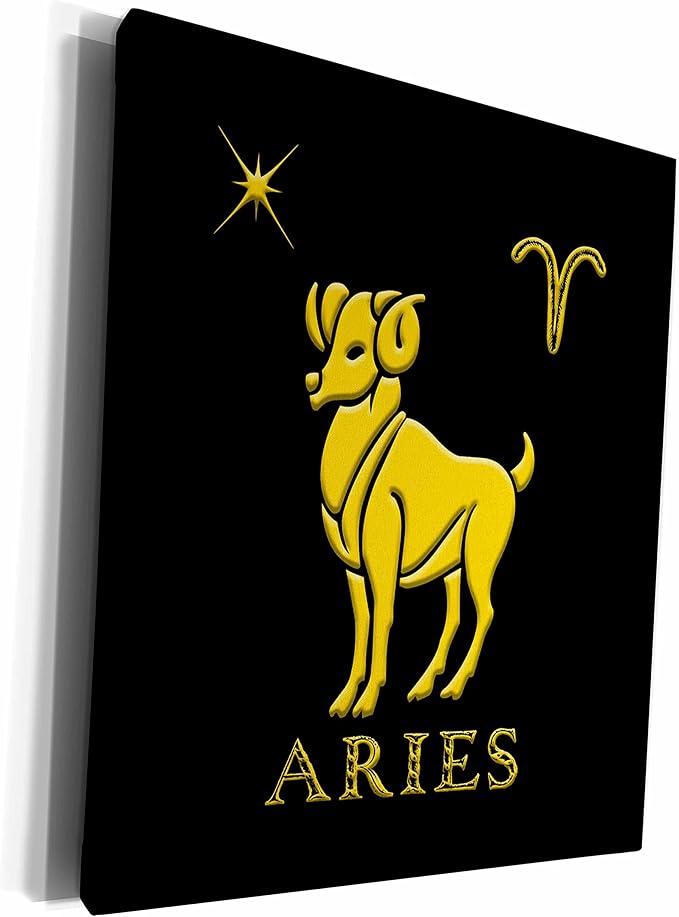 3dRose Museum Grade Canvas Wrap - Aries Zodiac sign. Image of a ram, star and a symbol. Yellow on black Alexis Design - Zodiac - Aries Canvas for men