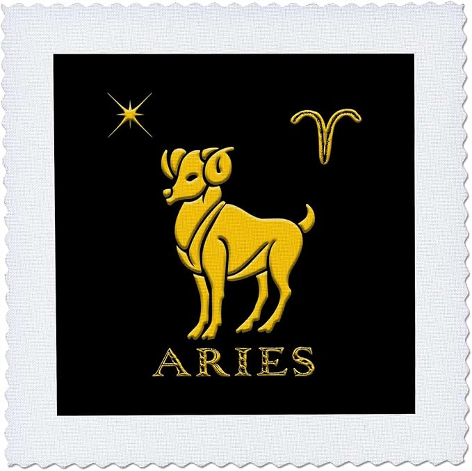 8x8 inch Quilt Square - Aries Zodiac Sign. Image of a ram, Star and a Symbol. Yellow on Black Alexis Design - Zodiac - Aries Blanket for men