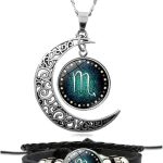 Ailiessy Constellation Necklace Bracelet Set Vintage Crescent Moon Time Gemstone Zodiac Pendant Necklace Zodiac Leather Bracelet for Men Women - Scorpio Accessories for men