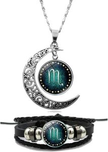 Ailiessy Constellation Necklace Bracelet Set Vintage Crescent Moon Time Gemstone Zodiac Pendant Necklace Zodiac Leather Bracelet for Men Women - Scorpio Accessories for men