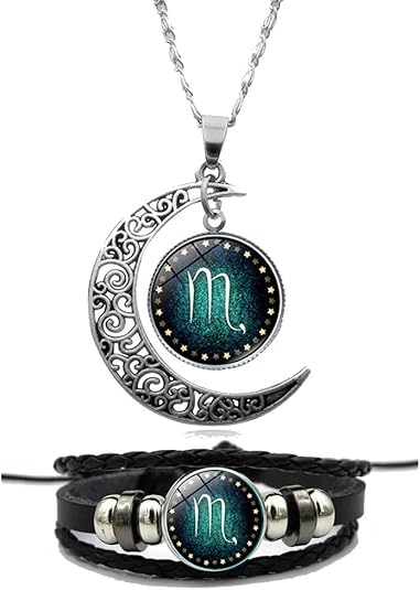 Ailiessy Constellation Necklace Bracelet Set Vintage Crescent Moon Time Gemstone Zodiac Pendant Necklace Zodiac Leather Bracelet for Men Women - Scorpio Accessories for men