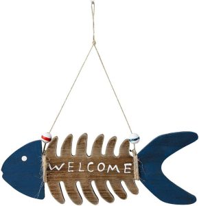 YUMBOR Wooden Fish Welcome Sign Nautical Wall Art Decor,Hanging Vintage Fish Ornament Home Bathroom Office Beach Themed Decoration - Pisces Home Decor for men