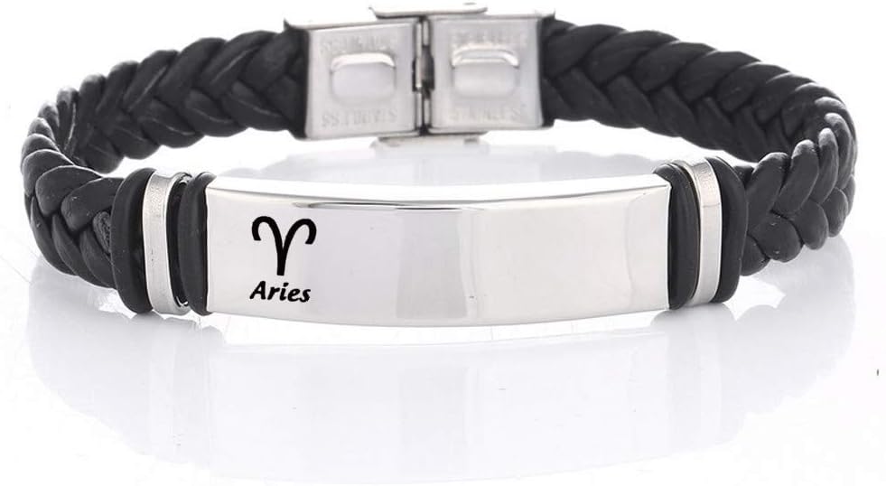 LF Personalized Zodiac Bracelet Stainless Steel Braided Leather Name Date Custom Zodic Sign Wristband Constellation Cuff Bracelets for Men Women for Birthday Gift,Free Engraving - Aries Bracelet for men