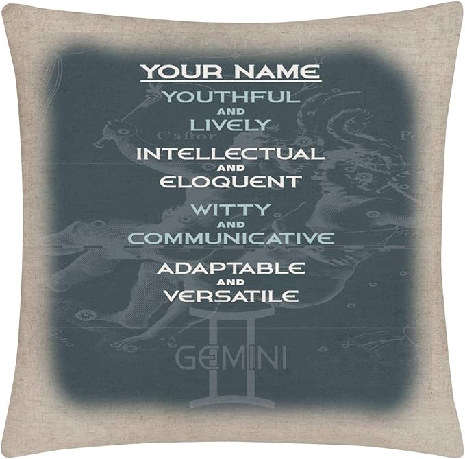 Bleu Reign BRGiftShop Throw Pillow Cover Personalized Custom Name Zodiac Sign Custom Name Gemini May22-Jun21 15.75x15.75 inches Linen - no Insert - Gemini Blanket for men