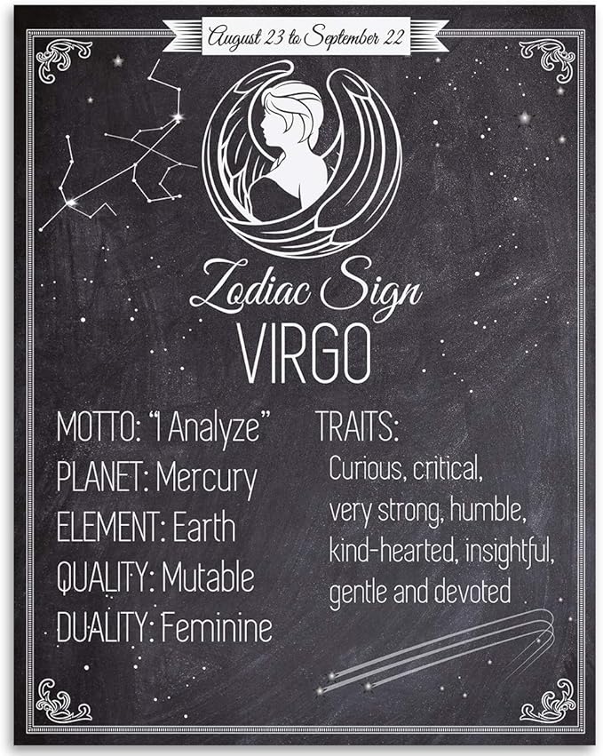 Astrology Posters - Zodiac Sign Virgo, The Maiden - 11x14 Unframed Art Print - Great Vintage Zodiac Poster, Astrology and Aptitude Vintage Home Wall Decor for Astrology Enthusiasts - Virgo Poster for men