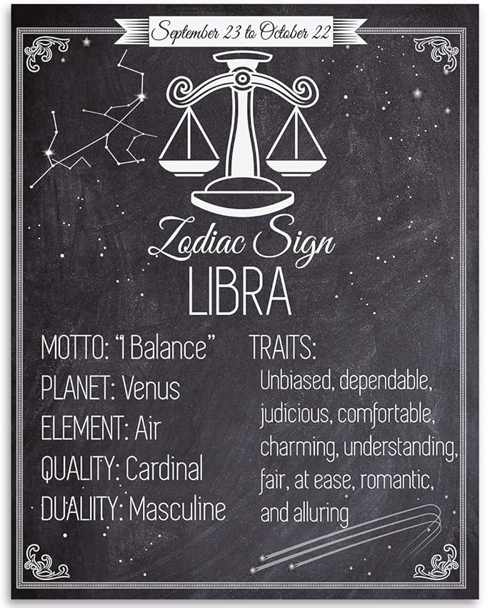 Lone Star Art - Astrology Poster - Zodiac Sign Libra, The Scales - 11x14 Unframed Art Print - Great Vintage Zodiac Poster, Perfect for Bedroom or Office Wall Decor - Pisces Home Decor for men