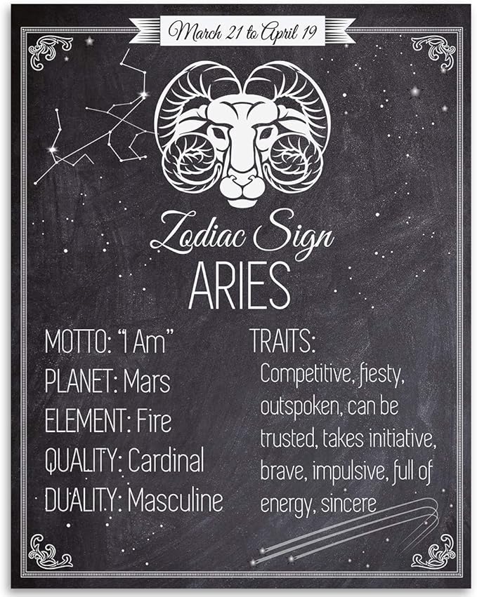 Astrology Posters - Zodiac Sign Aries, The Ram - 11x14 Unframed Art Print - Great Vintage Zodiac Poster, Astrology and Aptitude Vintage Home Wall Decor for Astrology Enthusiasts - Aries for men
