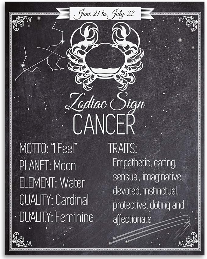 Astrology Posters - Zodiac Sign Cancer, The Crab - 11x14 Unframed Art Print - Great Vintage Zodiac Poster, Astrology and Aptitude Vintage Home Wall Decor for Astrology Enthusiasts - Pisces Home Decor for men
