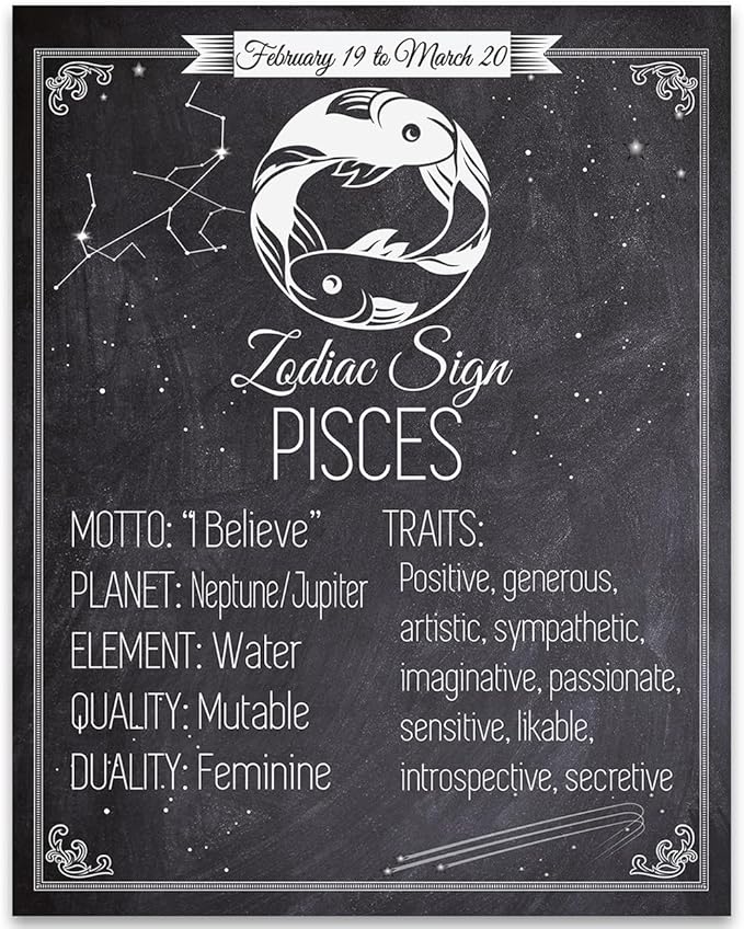 Astrology Posters - Zodiac Sign Pisces, The Fish -11x14 Unframed Art Print - Great Vintage Zodiac Poster, Astrology and Aptitude Vintage Home Wall Decor for Astrology Enthusiasts - Pisces Canvas for men