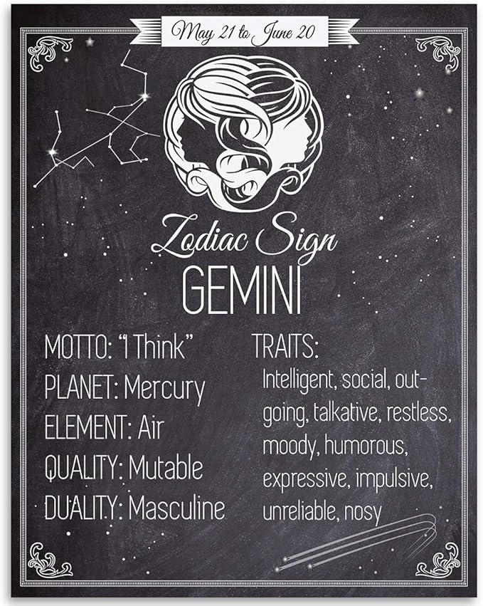Astrology Posters - Zodiac Sign Gemini, The Twin -11x14 Unframed Art Print - Great Vintage Zodiac Poster, Astrology and Aptitude Vintage Home Wall Decor for Astrology Enthusiasts, Gemini Poster - Gemini Canvas for men