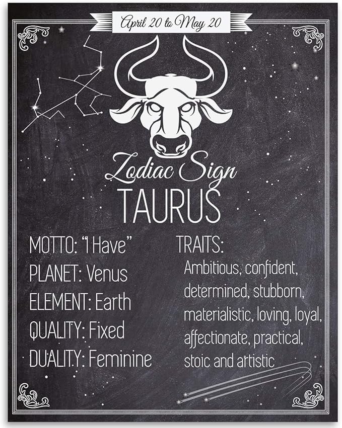 Astrology Posters - Zodiac Sign Taurus, The Bull -11x14 Unframed Art Print - Great Vintage Zodiac Poster, Astrology and Aptitude Vintage Home Wall Decor for Astrology Enthusiasts - Taurus Products for men