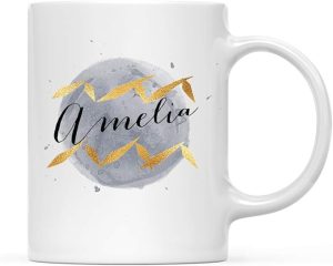 Andaz Press Personalized Name Astrological Zodiac Star Sign 11oz. Coffee Mug Gift, Aquarius Faux Gold Foil Watercolor, 1-Pack, Custom Horoscope Aquarius Birthday Christmas Office Cup Gifts Ideas - Aquarius Mug for men