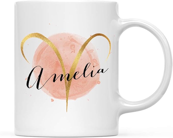 Andaz Press Personalized Name Astrological Zodiac Star Sign 11oz. Coffee Mug Gift, Aries Faux Gold Foil Watercolor, 1-Pack, Custom Horoscope Aries Birthday Christmas Office Cup Gifts Ideas - Aries Mug for men