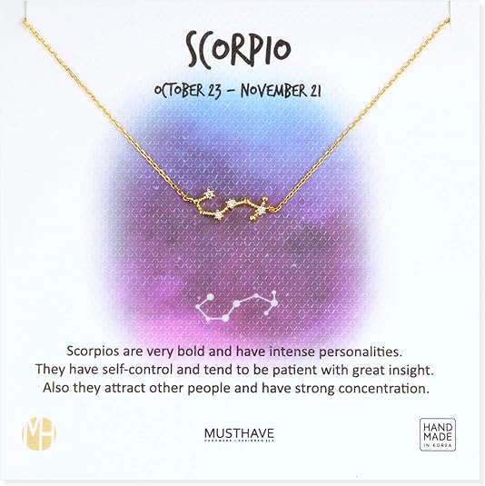 Zodiac 18K Gold Plated CZ Necklace With Message Card, Yellow Gold Color, Anchor Chain, Best Gift Necklace, Size 16 inch + 2 inch Extender, Pendant, Constellation, Gift Card - Scorpio Products for men