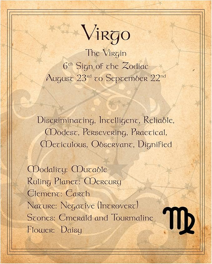Virgo The Virgin - Astrology Zodiac Sign Wall Art, Constellation Birth Month Wall Decor Print For Home Decor, Office Decor, Bedroom Decor & Horoscope Reading, Primary Elements, Unframed - 8x10 - Virgo Poster for men