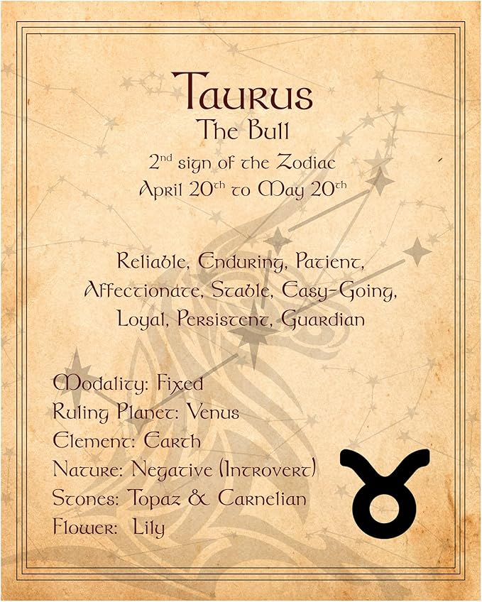 Taurus Zodiac Wall Art – 8x10 Unframed Horoscope Print on Vintage Parchment, Astrology Decor for Taurus Women & Men – Taurus Sign Poster for Bedroom, Office, Dorm, or Boho Spiritual Gift - Taurus Products for men