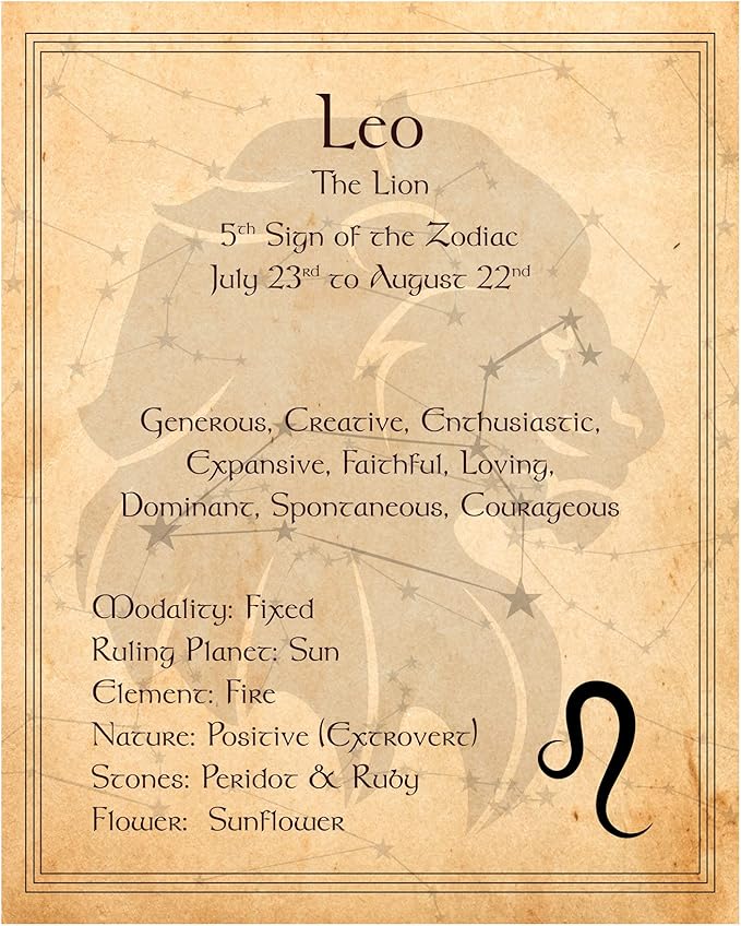 Leo - The Lion - Zodiac Sign Spiritual Wall Art Print. Inspirational Constellation Wall Art. Horoscope's Primary Elements. Ideal For Home Decor, Office Decor & Bedroom Decor. Unframed - 8x10" - Leo Canvas for men