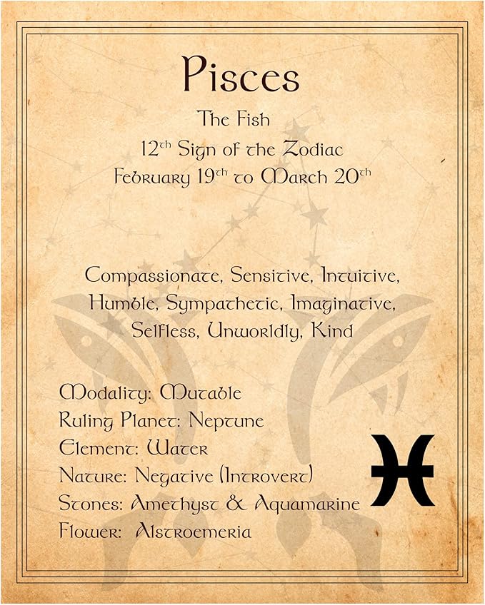 Pisces Zodiac Sign Wall Art – 8x10 Unframed Vintage Parchment Poster in Antique Tan | Astrology Decor Print with Traits & Symbols | Celestial Mystic Boho Artwork for Horoscope Lovers, Gift-Ready - Pisces for men