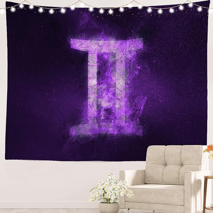 Batmerry Gemini Zodiac Night Sky Tapestry, Gemini Zodiac Symbol Picnic Mat Hippie Trippy Tapestry Wall Art Meditation Decor for Bedroom Living Room Dorm, 39.4 x 59.1 Inches, Blue Violet 1 - Gemini Canvas for men