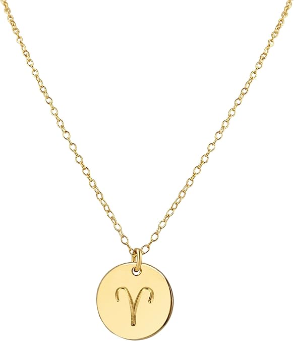 Handmade Zodiac Charm Necklace, Sterling Silver Silver, Yellow Gold, Rose Gold Stamped Engraved Circle Disc, Adjustable Length, Personalized Gift for Girl, Woman, Her, Christmas, Anniversary, Birthday - Aries Necklace for men