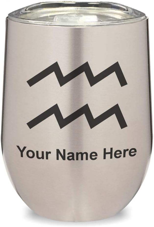 LaserGram Double Wall Stainless Steel Wine Glass Tumbler, Zodiac Sign Aquarius, Personalized Engraving Included (Stainless Steel) - Aquarius Mug for men