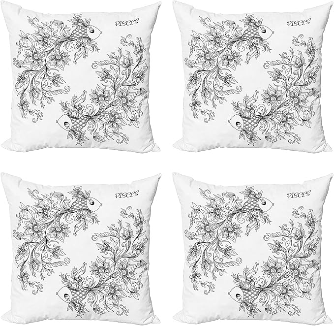 Ambesonne Zodiac Throw Pillow Cushion Case Pack of 4, Floral Images Pisces Sign Fish House of The Water Element Sensitivity Planet Sign, Modern Accent Double-Sided Digital Printing, 18", Black White - Pisces Pillow for men