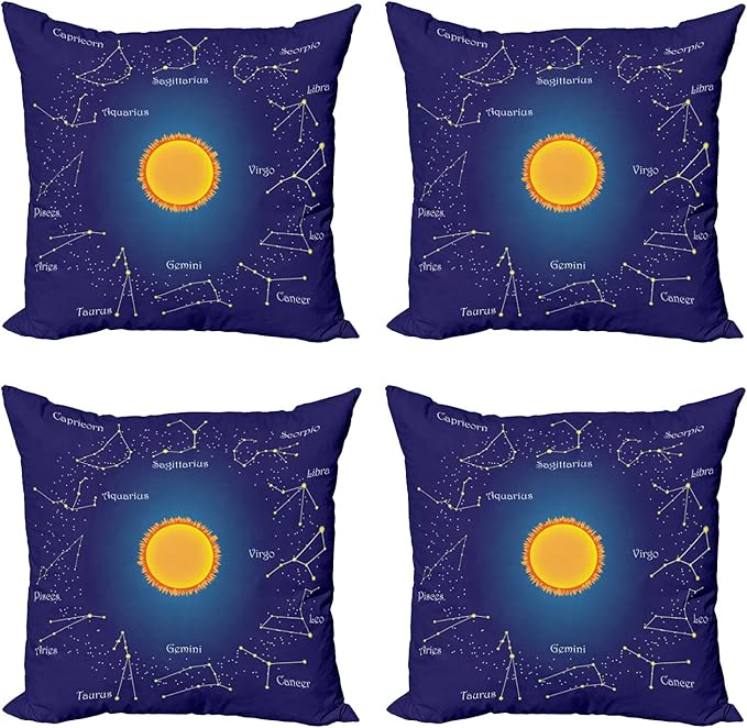 Lunarable Astrology Throw Pillow Cushion Case Pack of 4, Celestial Star Chart Constellation Around Sun on The Sky Aries Sign, Modern Accent Double-Sided Digital Printing, 18", Dark Blue Orange - Aries Pillow for men