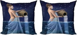 Ambesonne Astrology Decorative Throw Pillow Case Pack of 2, Aquarius Lady with Pail in The Sea Water Signs Saturn Mystry at Night Stars, Couch Bedroom Living Room Cushion Cover, 18", Blue Dark Blue - Aquarius Pillow for men