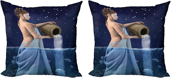 Ambesonne Astrology Decorative Throw Pillow Case Pack of 2, Aquarius Lady with Pail in The Sea Water Signs Saturn Mystry at Night Stars, Couch Bedroom Living Room Cushion Cover, 18", Blue Dark Blue - Aquarius Pillow for men