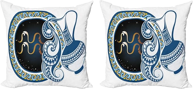 Ambesonne Zodiac Throw Pillow Cushion Cover Pack of 2, Image of Aquarius Sign with Jug and Circular Globe World Form on The Background, Zippered Double-Side Digital Print Decor, 18", Multicolor - Aquarius Pillow for men