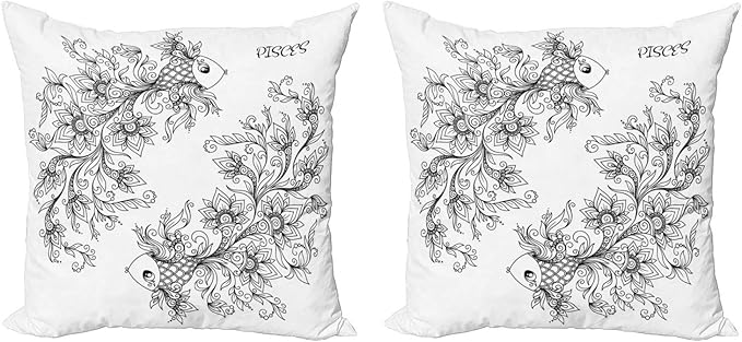 Ambesonne Zodiac Decorative Throw Pillow Case Pack of 2, Floral Images Pisces Sign Fish House of The Water Element Sensitivity Planet Sign, Couch Bedroom Living Room Cushion Cover, 18", Black White - Pisces Pillow for men