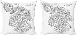 Ambesonne Zodiac Throw Pillow Cushion Cover Pack of 2, Swirling Curved Flowers and Bouquet with Zodiac Sign Aquarius Month Design, Zippered Double-Side Digital Print Decor, 20", Black White - Aquarius Pillow for men