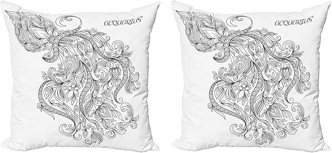 Ambesonne Zodiac Throw Pillow Cushion Cover Pack of 2, Swirling Curved Flowers and Bouquet with Zodiac Sign Aquarius Month Design, Zippered Double-Side Digital Print Decor, 20", Black White - Aquarius Pillow for men
