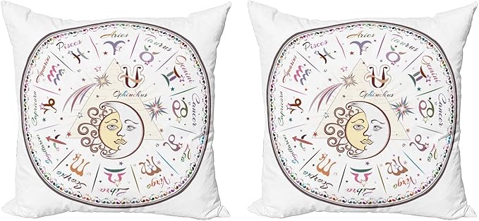 Ambesonne Zodiac Throw Pillow Cushion Cover Pack of 2, Western Chart with All Signs Aries Virgo Leo Taurus Libra Mystique Fate Calendar, Zippered Double-Side Digital Print Decor, 20", Multicolor - Aries Pillow for men