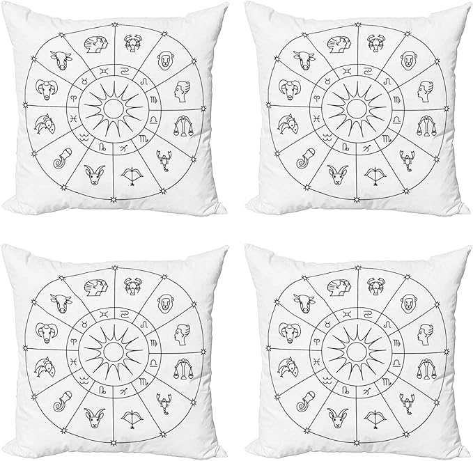 Ambesonne Astrology Decorative Throw Pillow Case Pack of 4, Sketchy Zodiacal Circle with Astrology Signs Aries Aquarius Pisces Lion Art, Cushion Cover for Couch Living Room Car, 20", Black and White - Aries Pillow for men