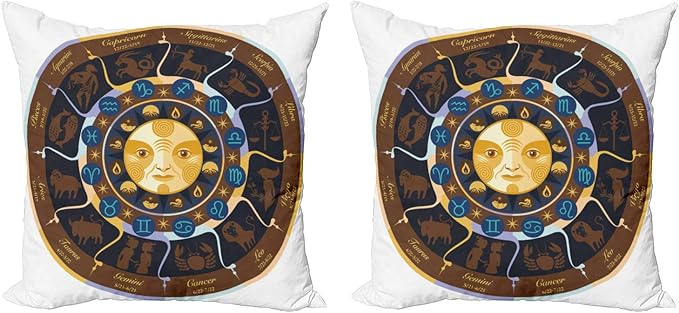 Ambesonne Astrology Throw Pillow Cushion Cover Pack of 2, Aries Taurus Gemini Cancer Leo Virgo Libra Scorpio Horoscope Signs, Zippered Double-Side Digital Print Decor, 24", Brown Yellow and Blue - Taurus Pillow for men