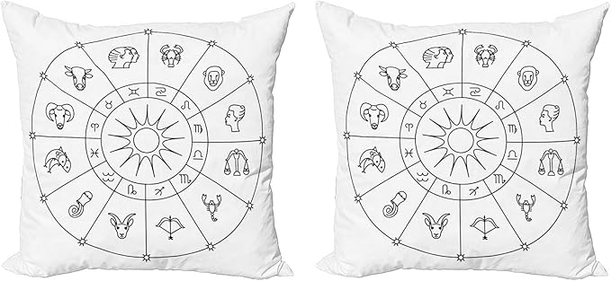 Ambesonne Astrology Decorative Throw Pillow Case Pack of 2, Sketchy Zodiacal Circle with Astrology Signs Aries Aquarius Pisces Lion Art, Couch Bedroom Living Room Cushion Cover, 18", Black and White - Aries Pillow for men