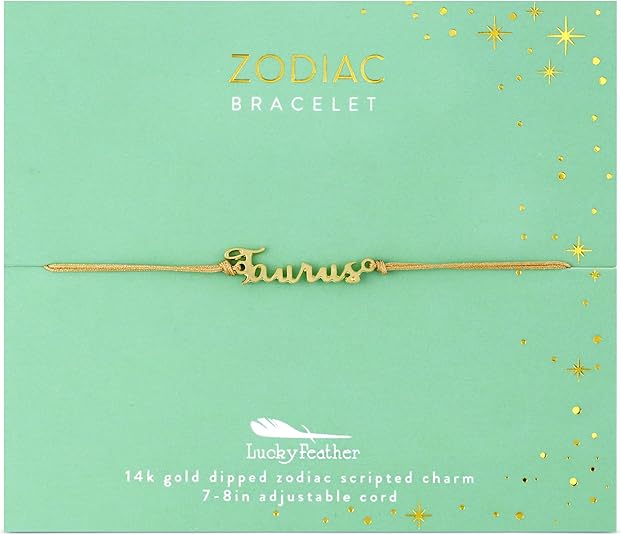Lucky Feather Zodiac Bracelet - 14K Gold-Dipped Zodiac Constellation Celestial Sign Bracelet - Birthday Gifts for Women and Teenagers on Adjustable 7" - 8" Cord with Sliding Toggle - Taurus for men