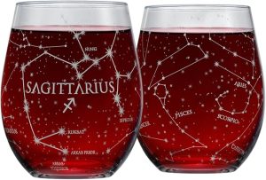 Greenline Goods Sagittarius Stemless Wine Glasses Zodiac Sagittarius Set Hand Etched 15 oz (Set of 2) - Astrology Sign Glassware - Sagittarius Home Decor for men